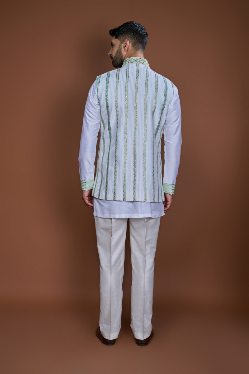 Off white aqua zari textured bandi kurta set