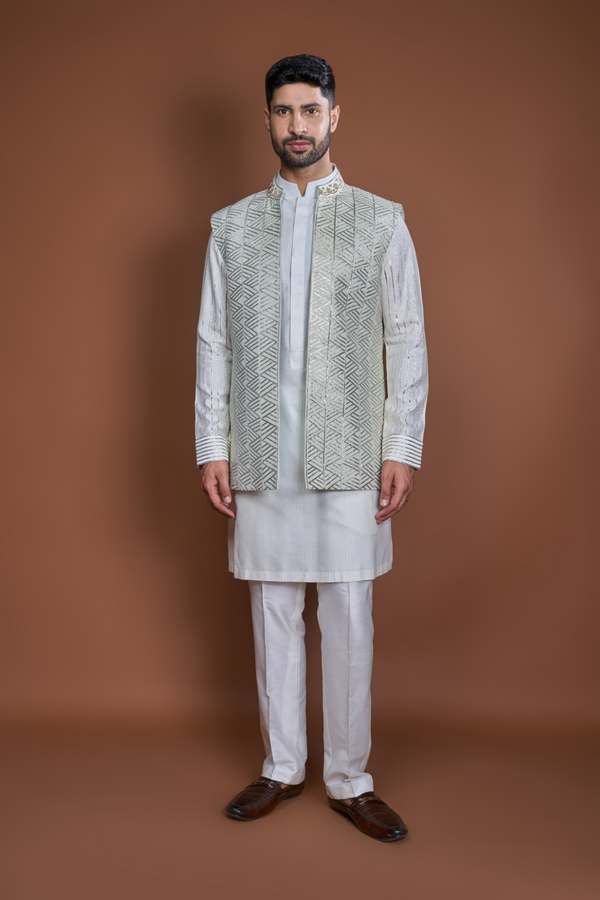 Off white aqua thread textured bandi kurta set