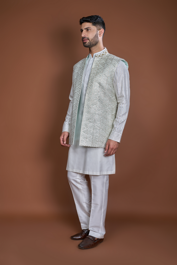 Off white aqua thread textured bandi kurta set