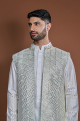 Off white aqua thread textured bandi kurta set