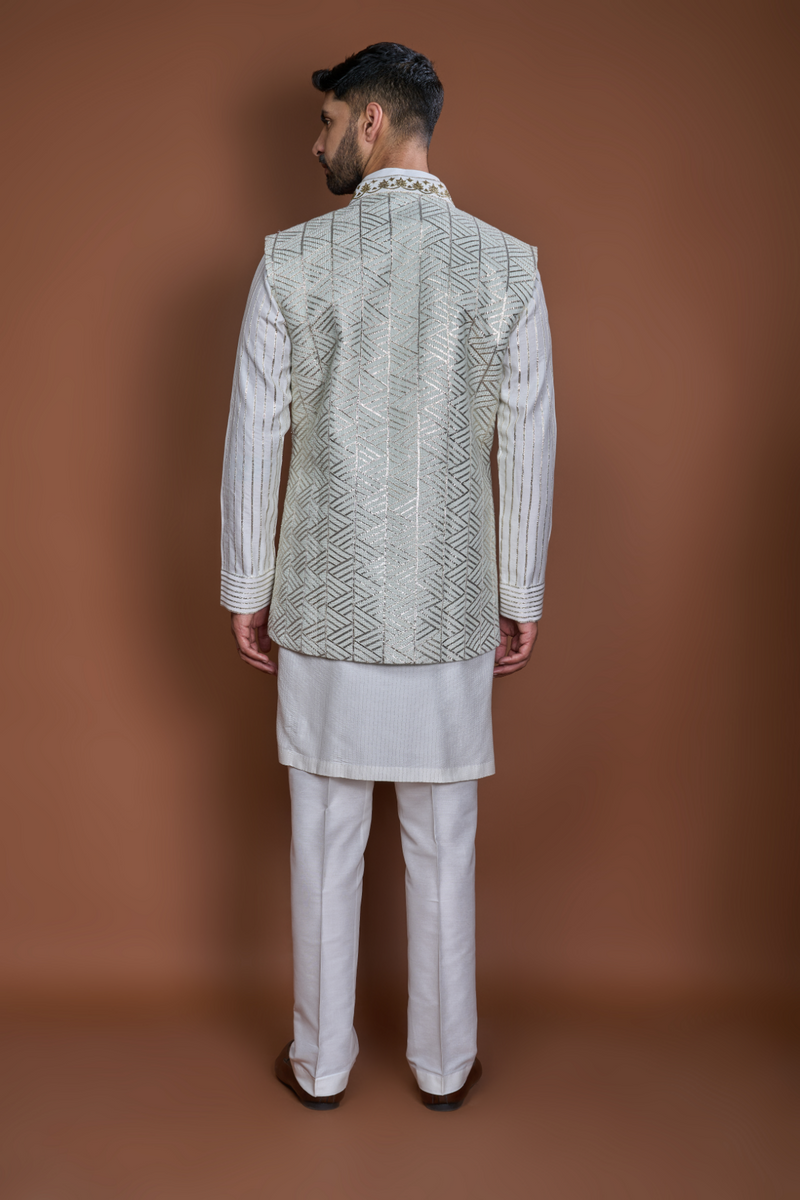 Off white aqua thread textured bandi kurta set