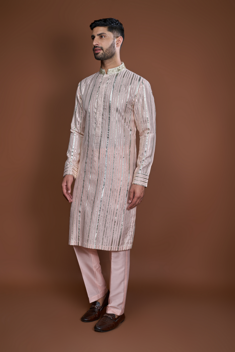 Peach zari textured kurta set