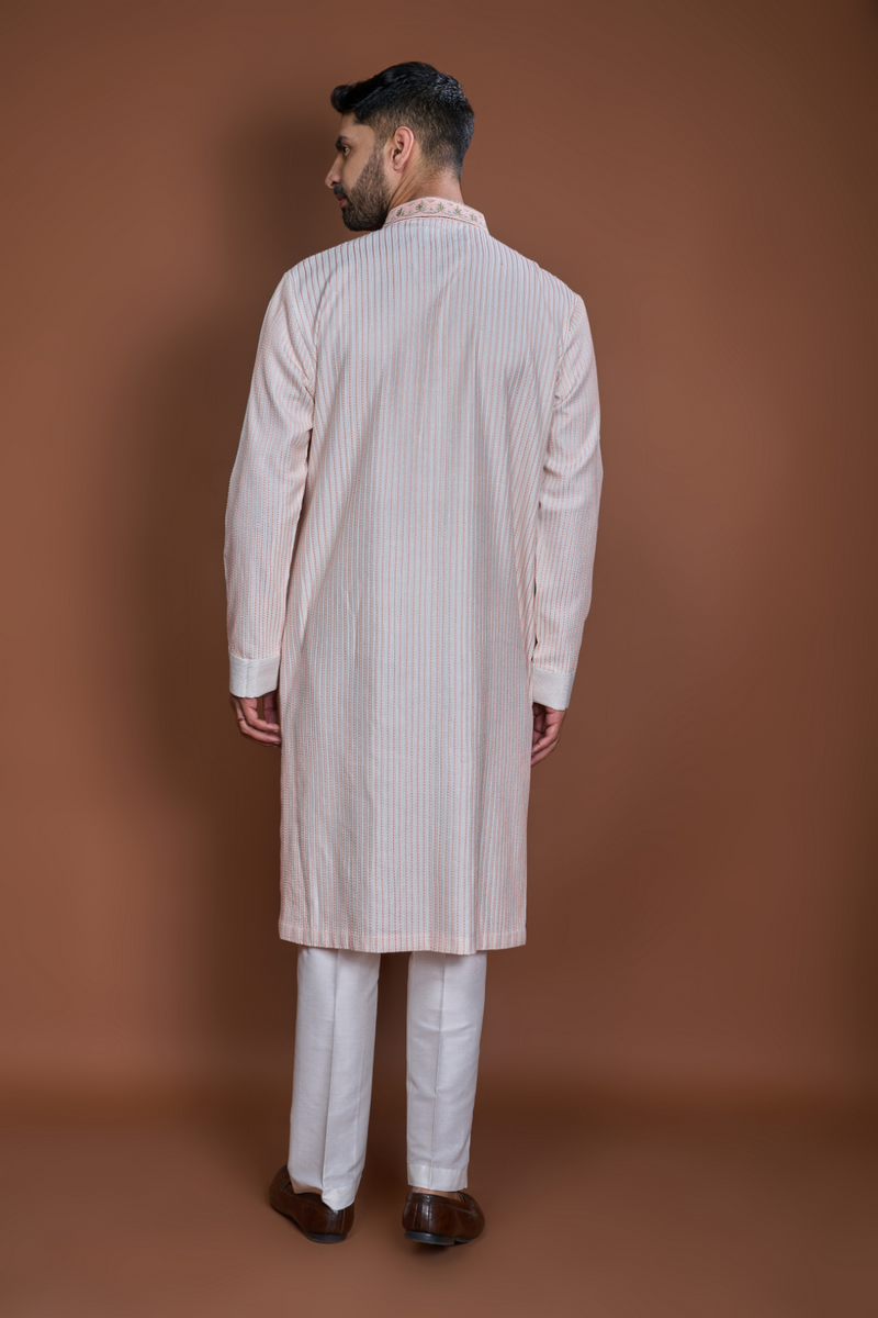 Off white peach thread textured kurta set