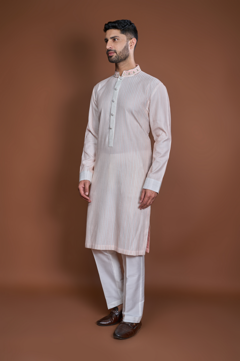 Off white peach thread textured kurta set