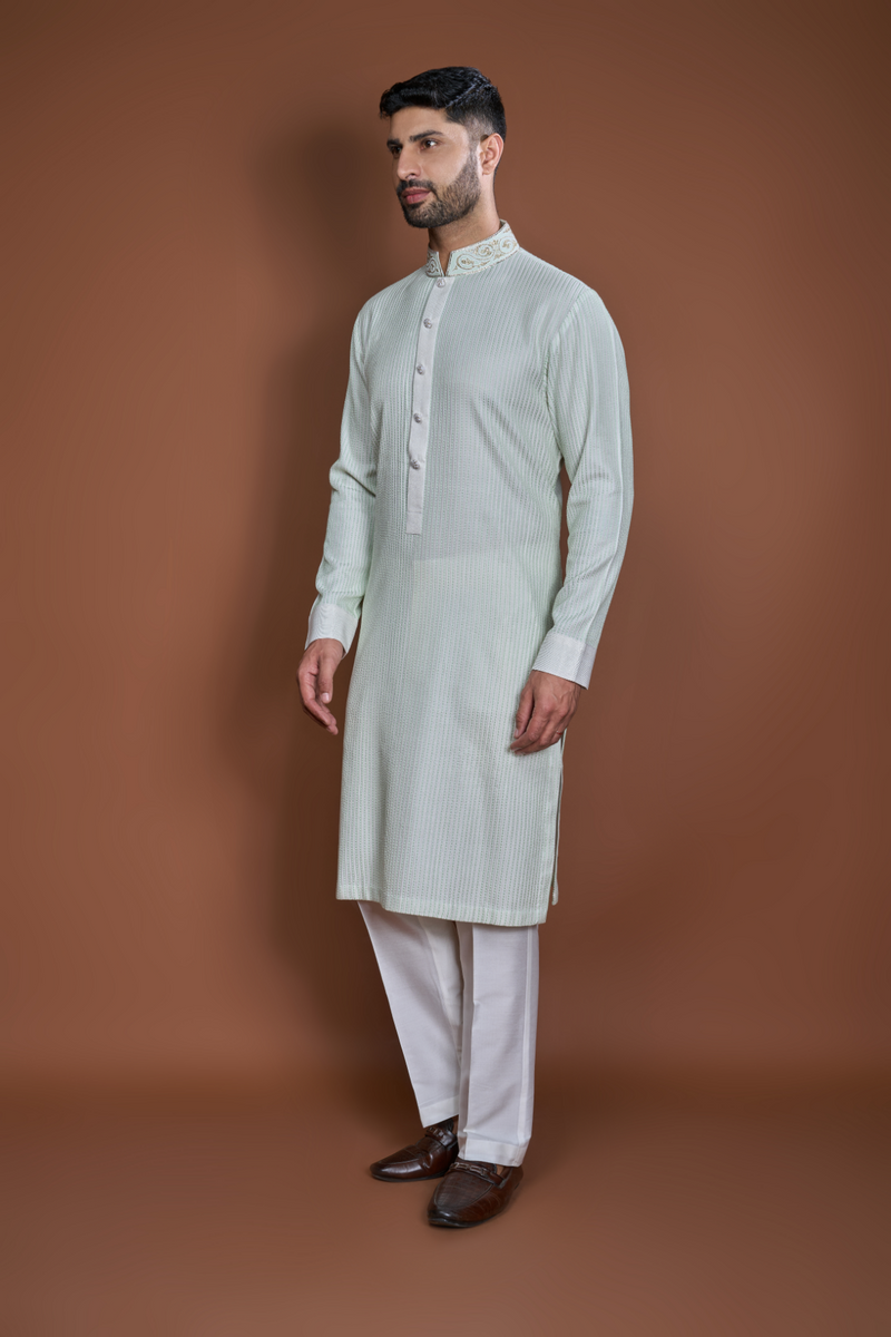 Off white sage green thread textured kurta set