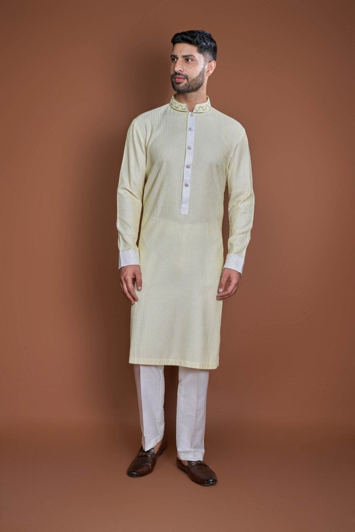Off white yellow thread textured kurta set