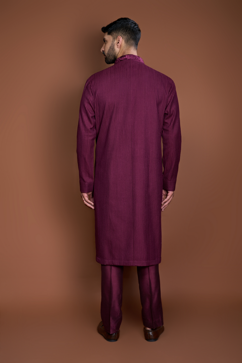 Wine pintucks and thread texture kurta set