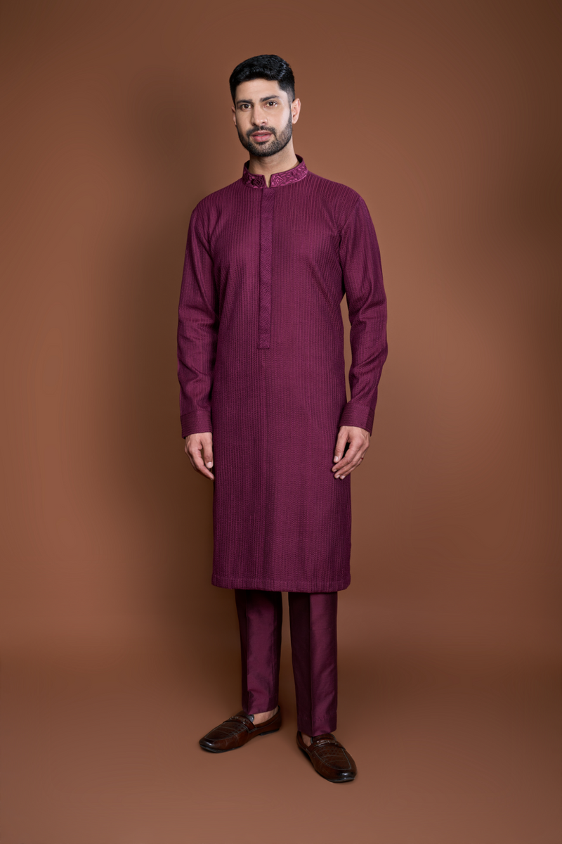 Wine pintucks and thread texture kurta set