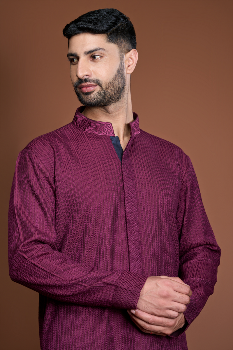 Wine pintucks and thread texture kurta set