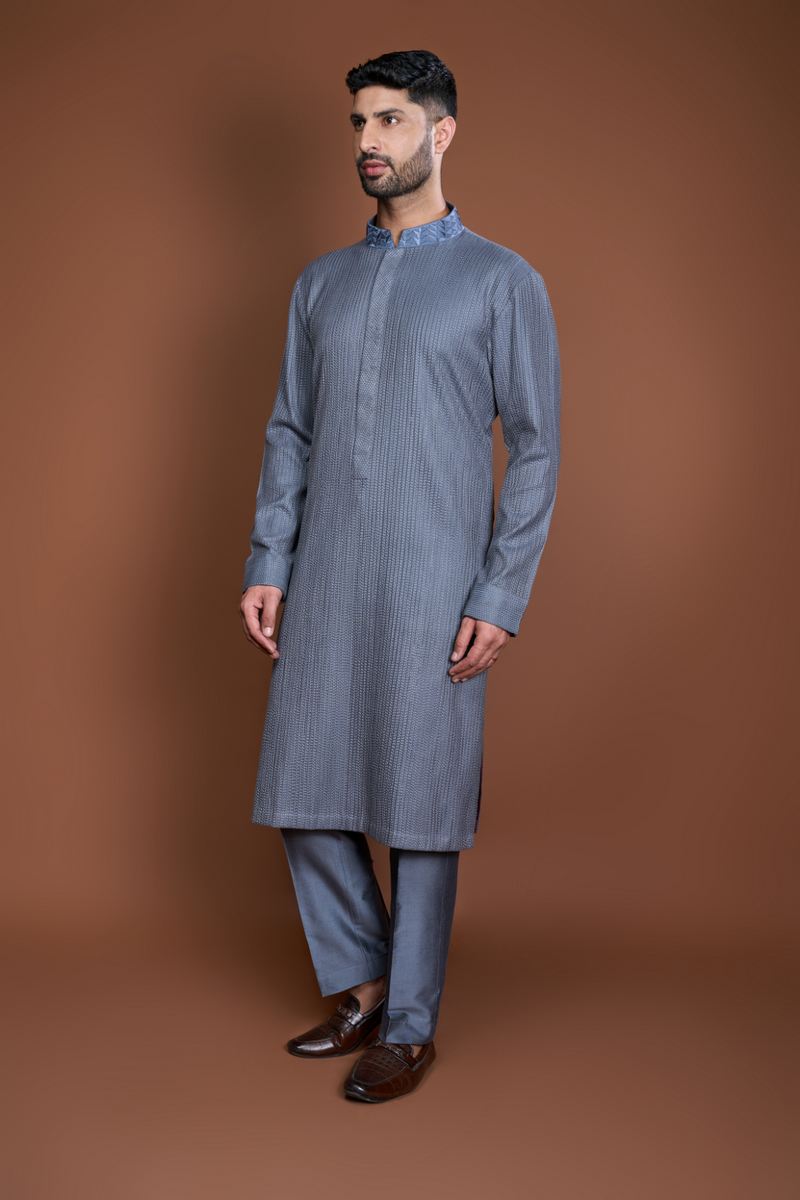 Grey pintucks and thread texture kurta set