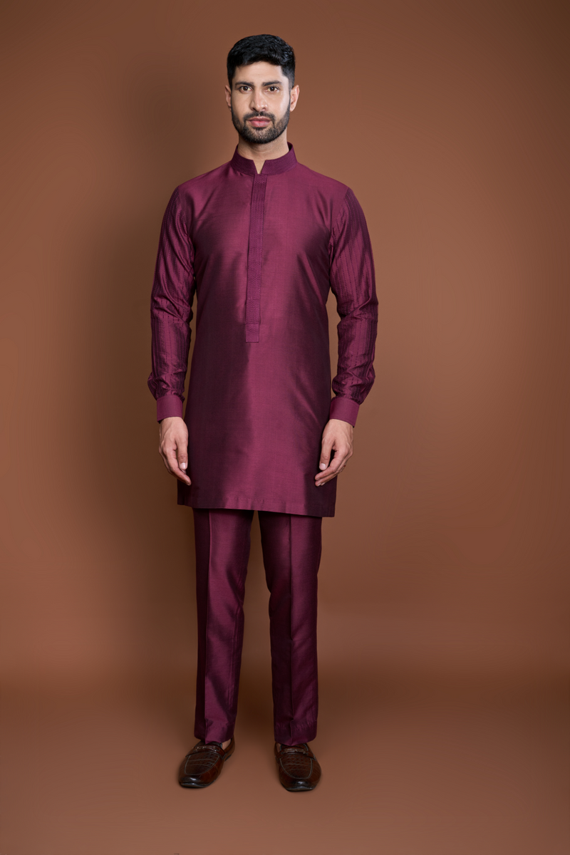 Wine pintucks and thread texture bandi kurta set