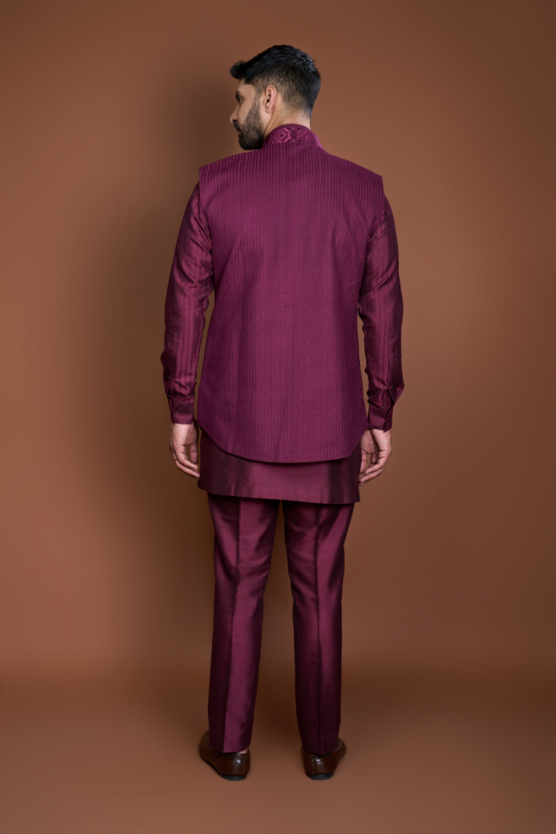 Wine pintucks and thread texture bandi kurta set