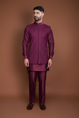 Wine pintucks and thread texture bandi kurta set