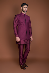 Wine pintucks and thread texture bandi kurta set