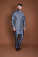 Grey pintucks and thread texture bandi kurta set