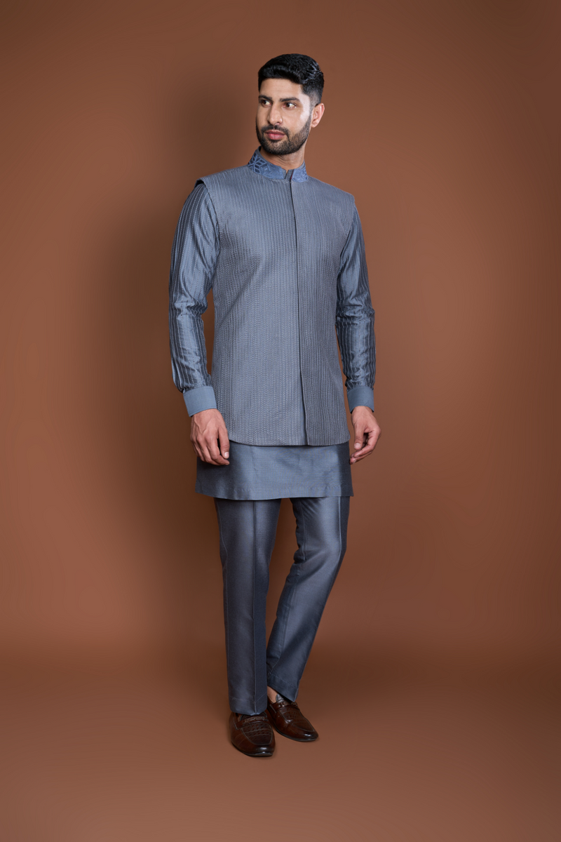 Grey pintucks and thread texture bandi kurta set