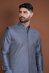 Grey pintucks and thread texture bandi kurta set