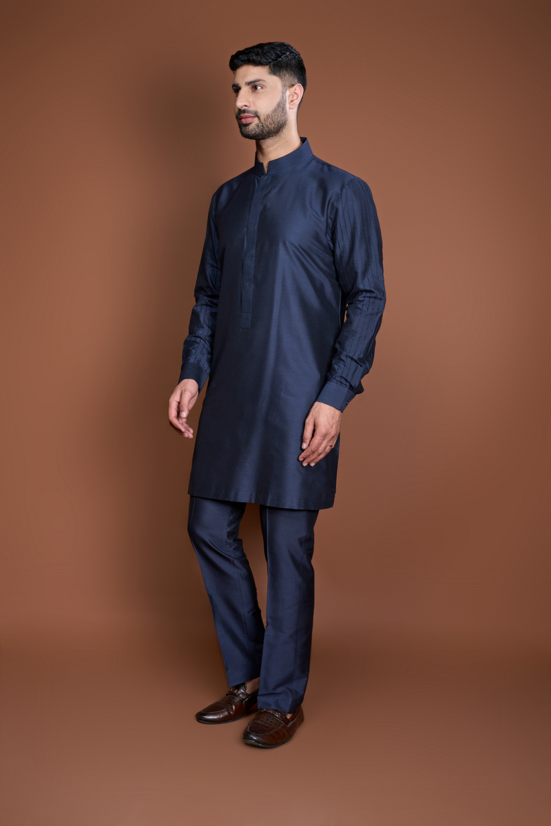 Dark blue pintucks and thread texture bandi kurta set