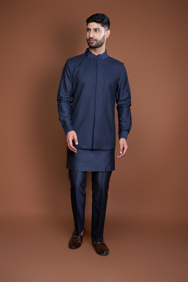 Dark blue pintucks and thread texture bandi kurta set