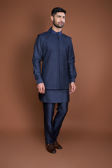 Dark blue pintucks and thread texture bandi kurta set