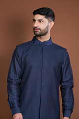 Dark blue pintucks and thread texture bandi kurta set