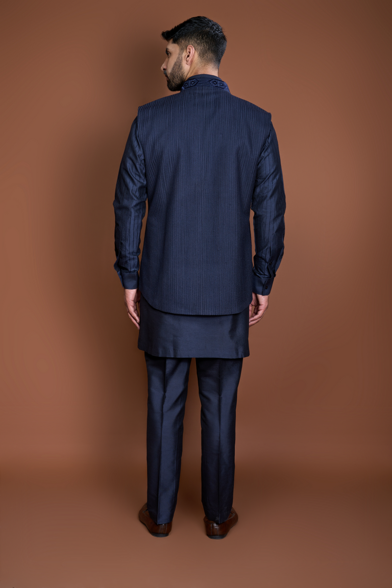 Dark blue pintucks and thread texture bandi kurta set