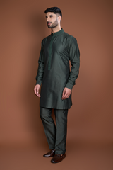 Dark green pintucks and thread texture bandi kurta set