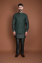 Dark green pintucks and thread texture bandi kurta set