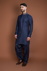 Dark blue thread textured kurta set