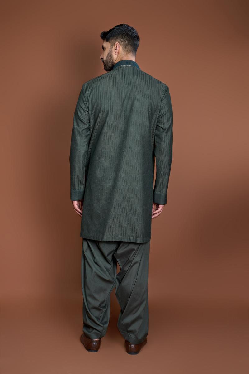 Dark green thread textured kurta set