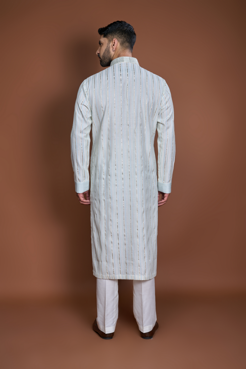 Off white blue and zari texture kurta set