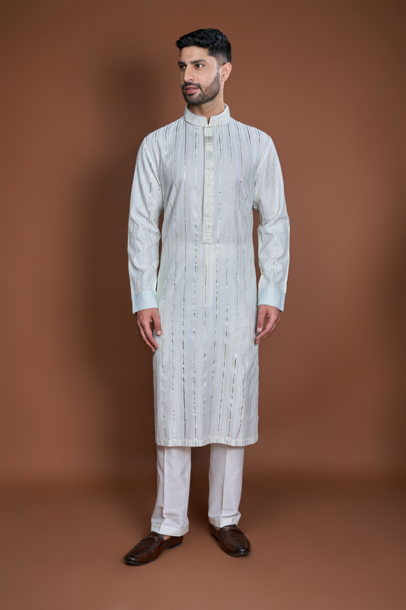 Off white blue and zari texture kurta set