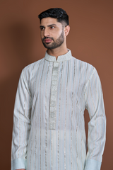 Off white blue and zari texture kurta set