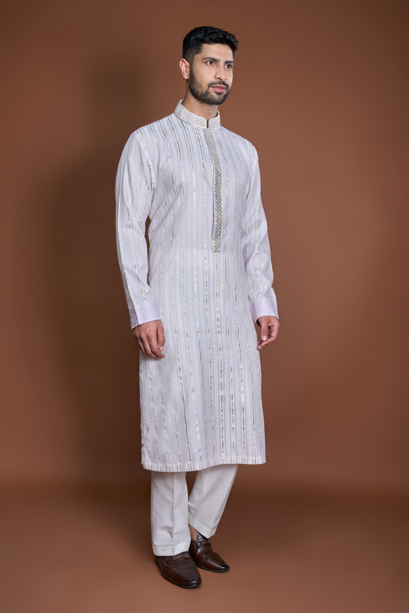 Off white lilac zari texture kurta set