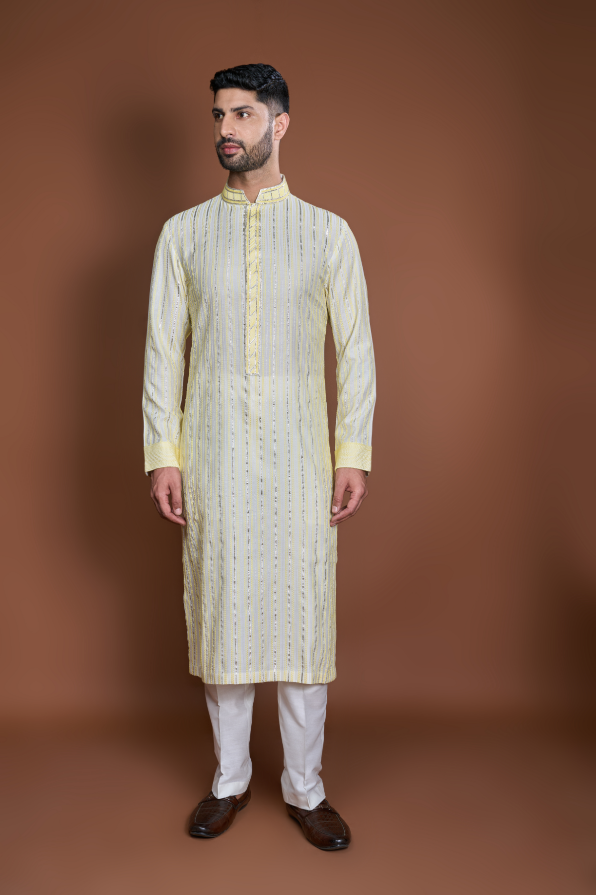 Off white yellow zari texture kurta set