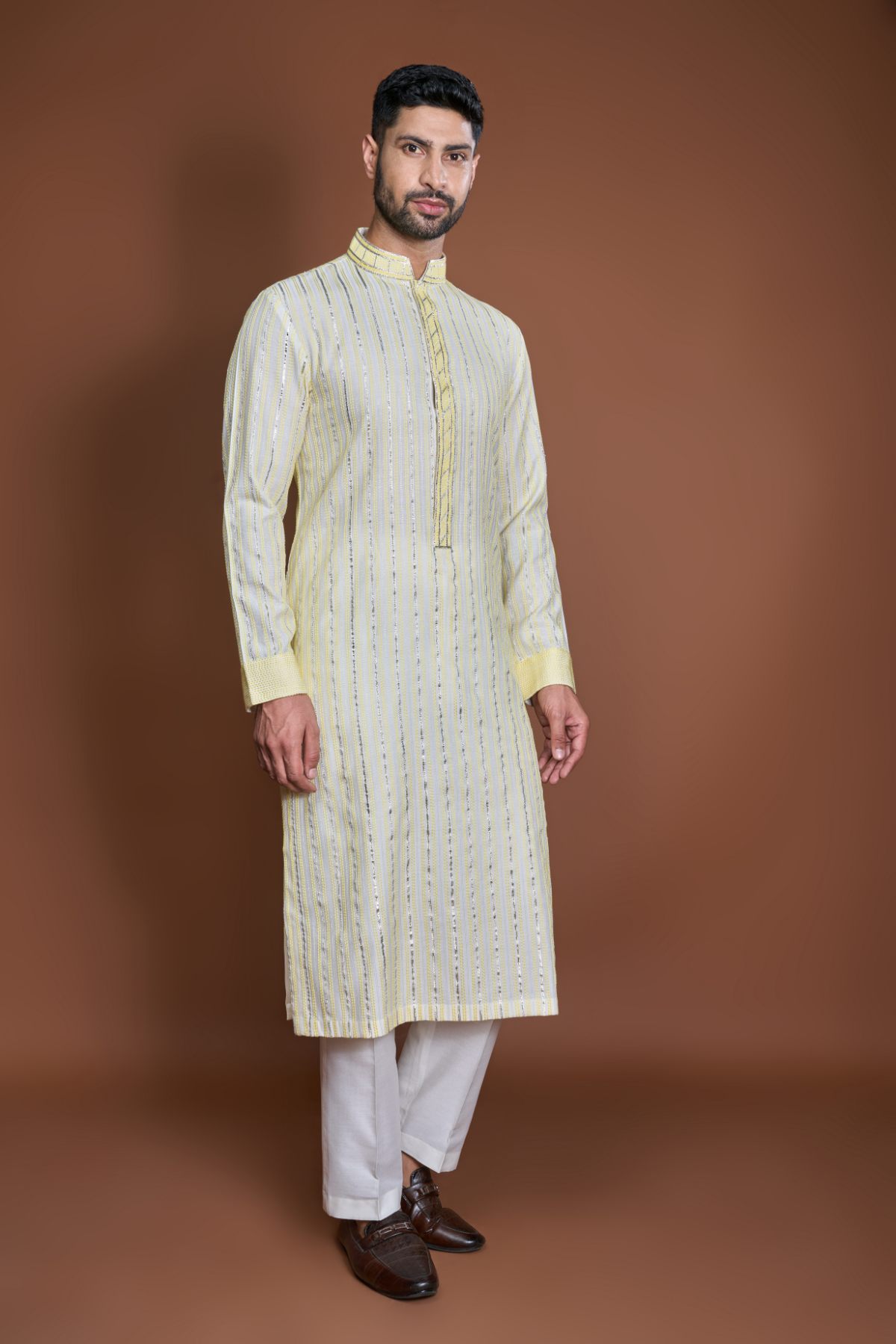 Off white yellow zari texture kurta set