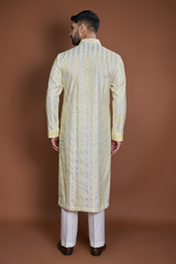 Off white with lime green and zari texture kurta set