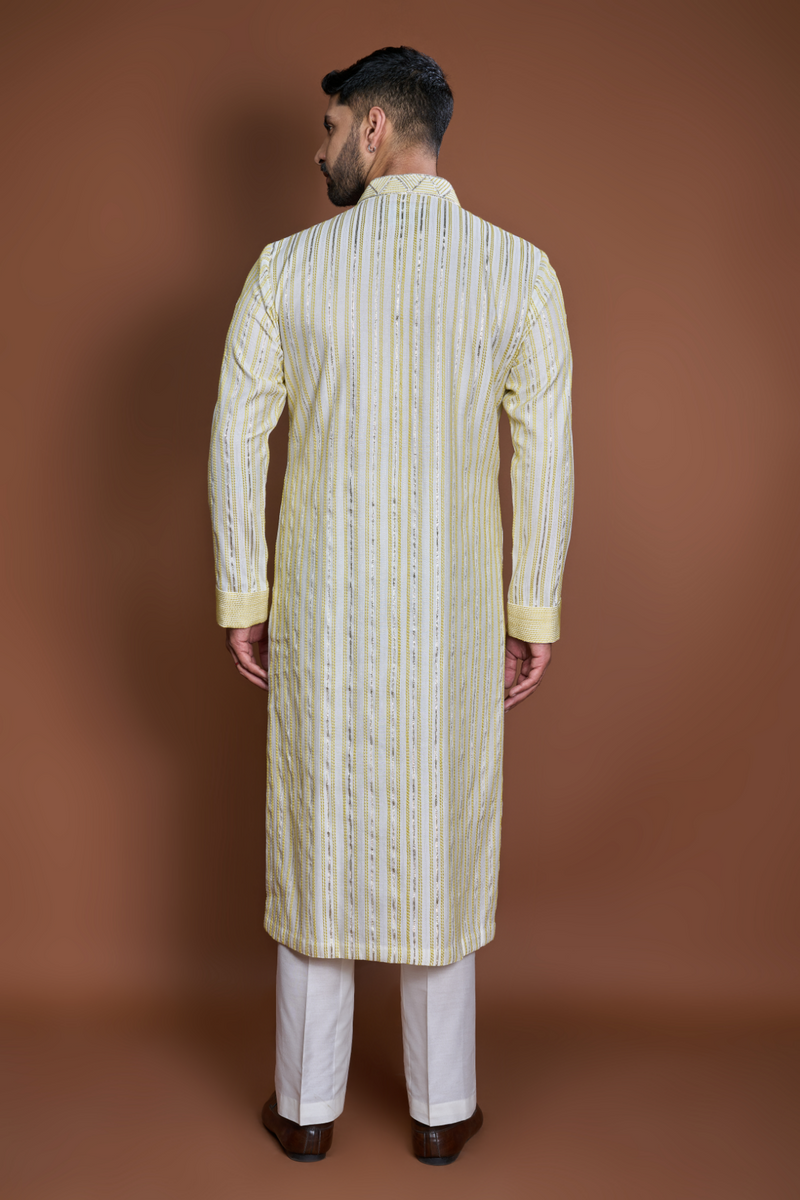 Off white with lime green and zari texture kurta set