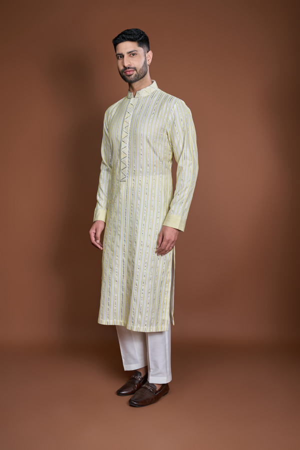 Off white with lime green and zari texture kurta set