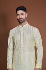 Off white with lime green and zari texture kurta set