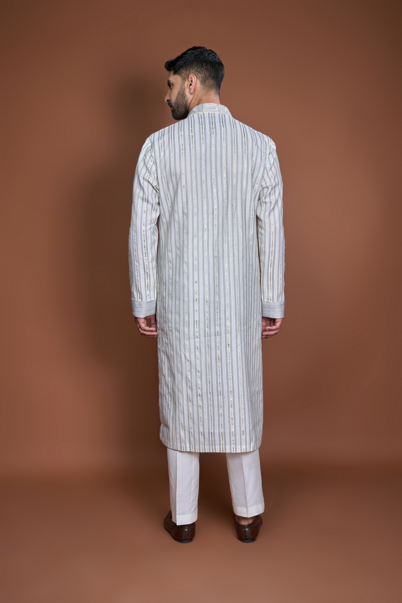 Off white with grey thread and zari texture kurta set