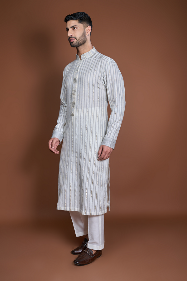 Off white with grey thread and zari texture kurta set