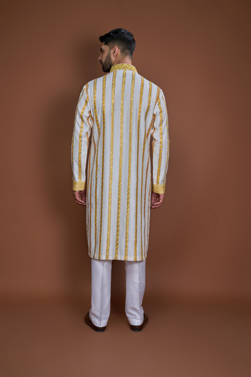 Off white yellow zari textured kurta set