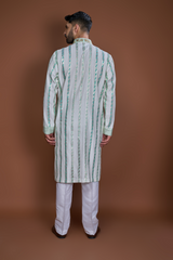 Off white aqua zari textured kurta set