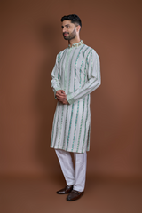 Off white aqua zari textured kurta set