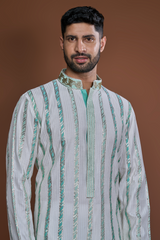 Off white aqua zari textured kurta set