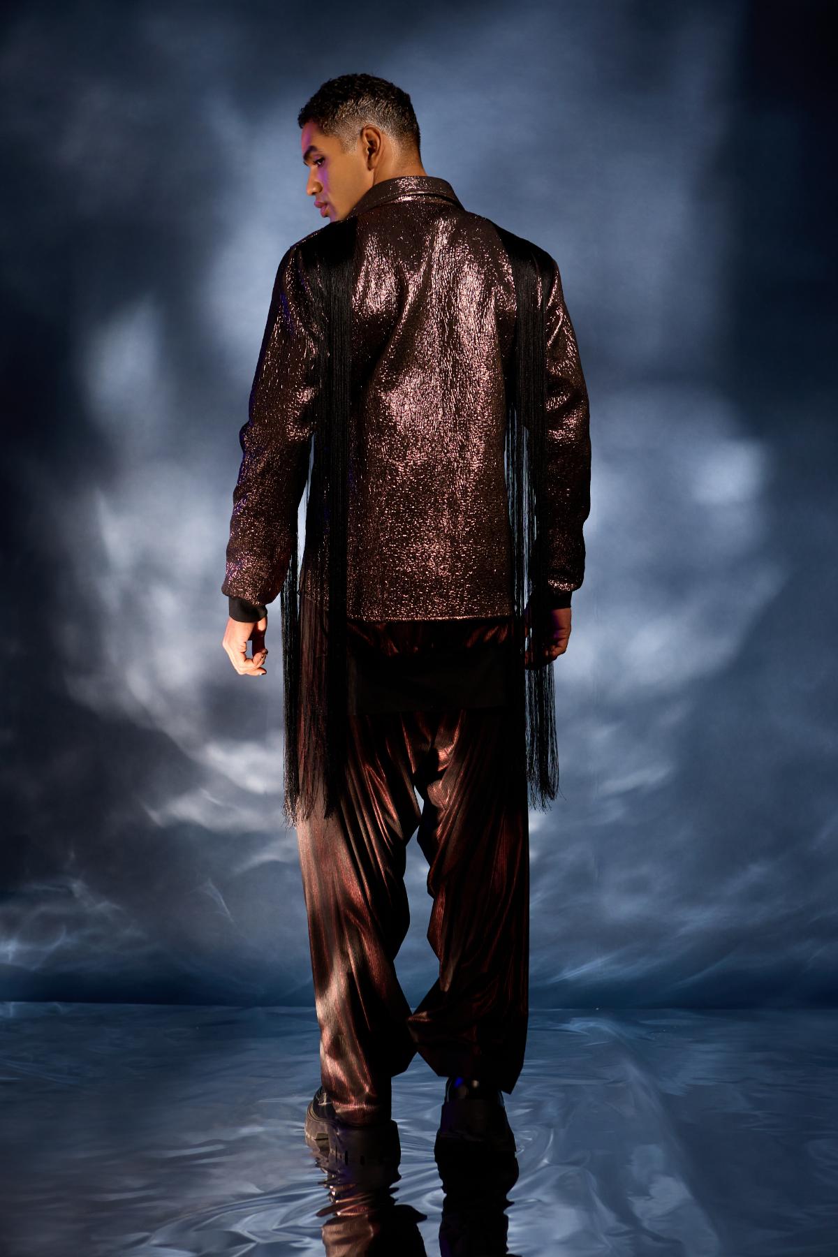 metallic copper jacket with tunic and cowled pants