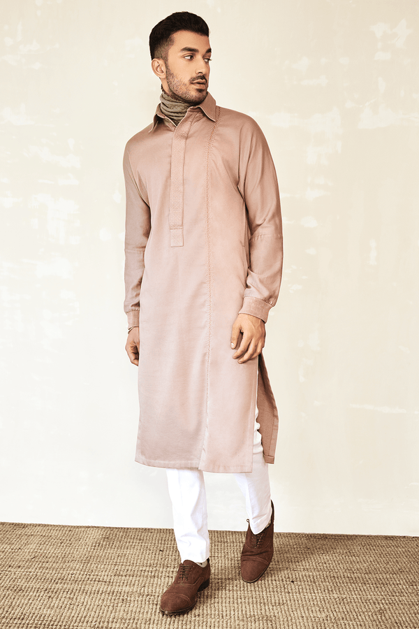 Kurta with Grey Polo Neck Mock Band & Off-white Trousers (Express Delivery) - Kunal Anil Tanna