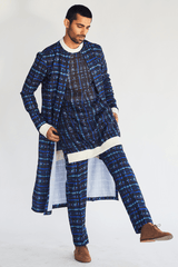 Openend Mesh Print Long Jacket with Pullover Kurta and Printed Trousers - Kunal Anil Tanna