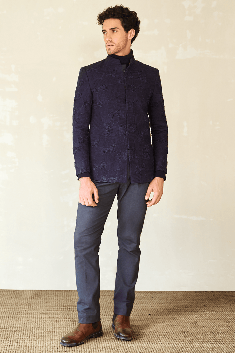 Textured Bandhgala Jacket with Blue Polo Neck & Grey Trouser - Kunal Anil Tanna